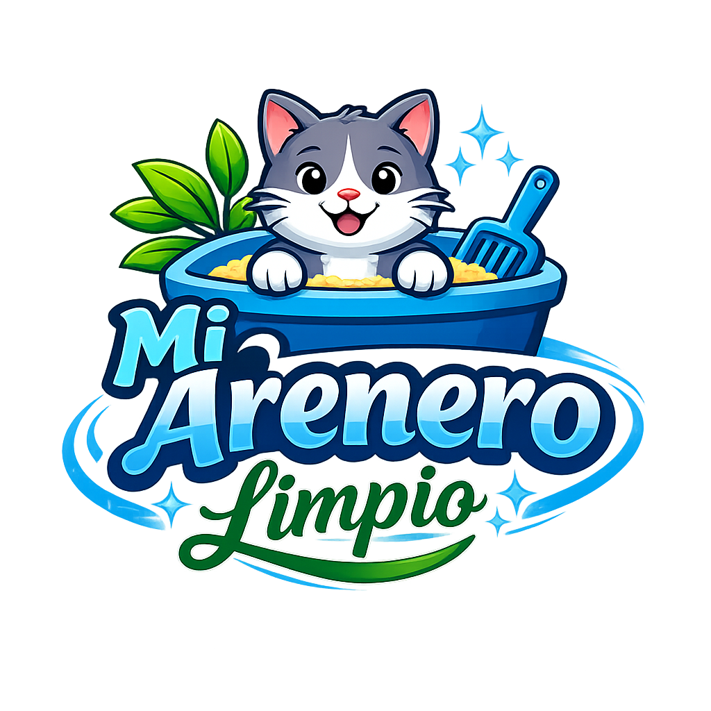 Es el logo de Mi Arenero Limpio en formato PNG. Muestra a un gato dentro de un arenero y un pala para limpiar el arenero
